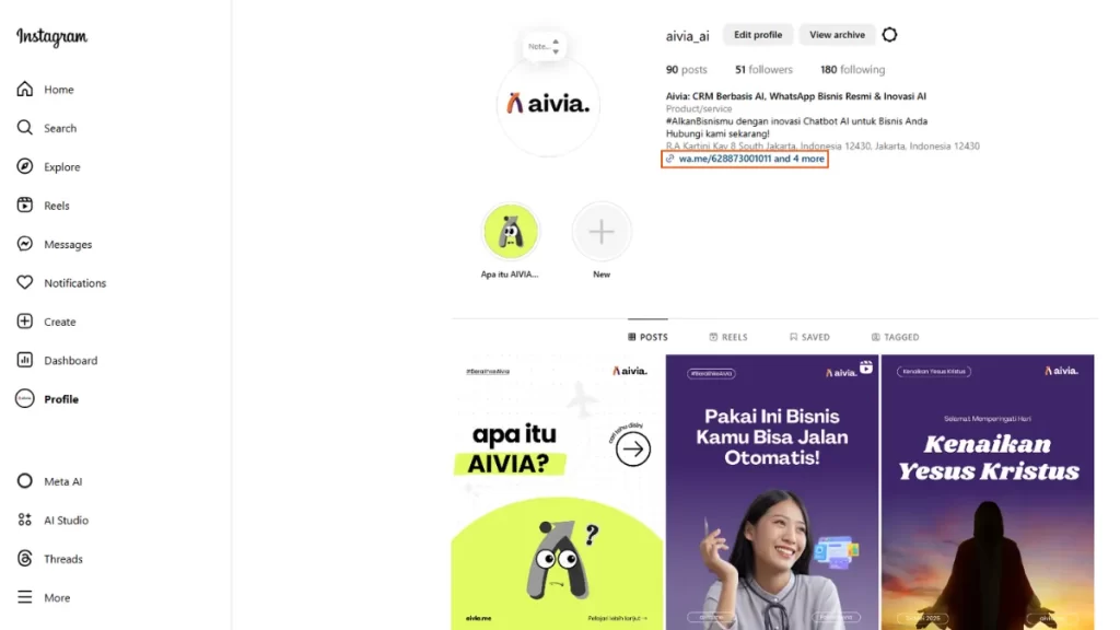link whatsapp di bio instagram aivia